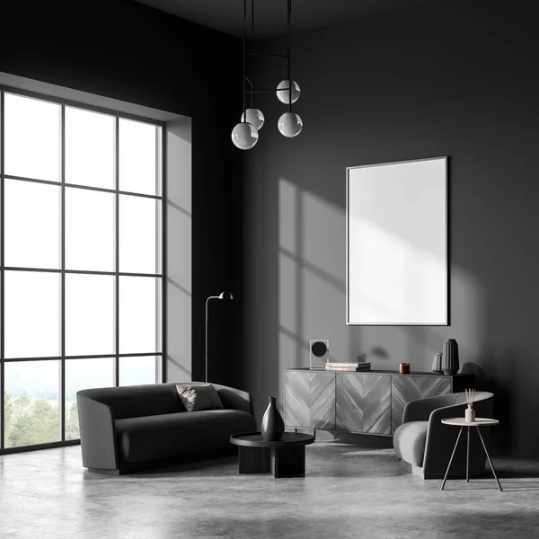 放松房间内部与座位和咖啡桌 黑色木制堆芯装饰 侧视图 窗口在农村 灰色混凝土地板 空白画布 3D渲染 — 图库照片