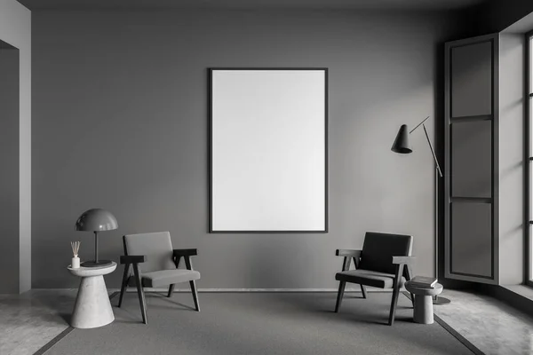 放松房间内部与两个座位和灯 咖啡桌与书籍和装饰的地毯 灰色混凝土地板 灰色墙壁上的空白帆布模型 3D渲染 — 图库照片