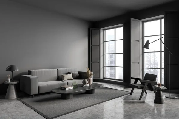 カーペットの上でアームチェアとソファとラウンジルームのインテリア 街の景色を望む木製のコーヒーテーブルと窓のシャッター 灰色のコンクリートの床 コピースペース空白の灰色の壁 3Dレンダリング — ストック写真