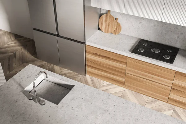 洗面台とストーブ付きの冷蔵庫で木製の料理のインテリア トップビュー 木製の棚とグレーのコンクリートテーブルの床 3Dレンダリング付きの高級キッチン — ストック写真