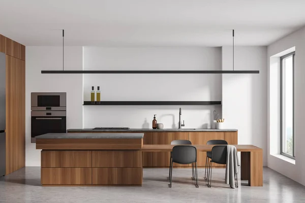 Interior Cozinha Elegante Com Quatro Cadeiras Mesa Madeira Chão Concreto — Fotografia de Stock