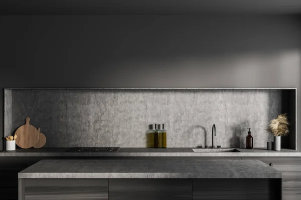 Interior Cozinha Cinza Escuro Com Pia Deck Com Utensílios Cozinha — Fotografia de Stock