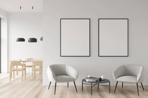 Dwa Płótna Części Wypoczynkowej Jadalnią Tle Biały Design Wykorzystujący Fotele — Zdjęcie stockowe