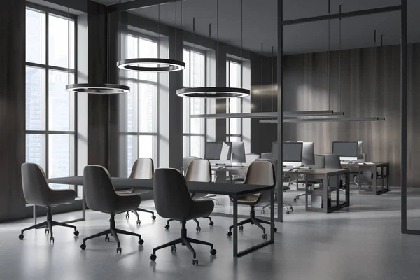Büroeinrichtung Mit Besprechungsraum Sesseln Und Auf Dem Tisch Panoramafenster Mit — Stockfoto