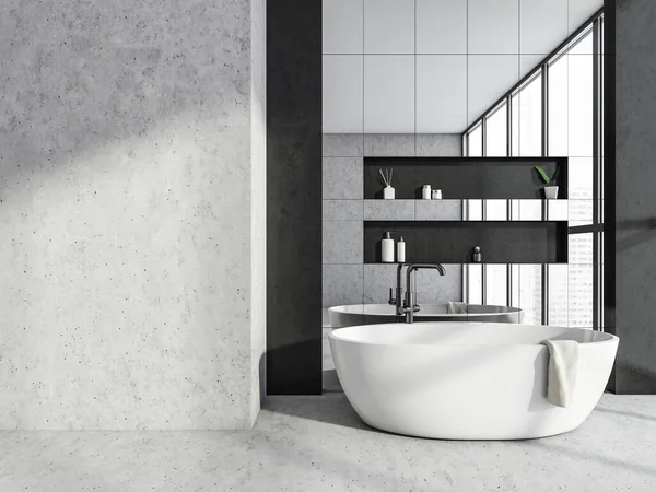グレーコンクリートのモダンな白いセラミック浴槽は 2つのニッチな棚 空の壁とミラータイルを使用して インテリアデザインに見えます 2つのトーンバスルームスペースの概念 3Dレンダリング — ストック写真