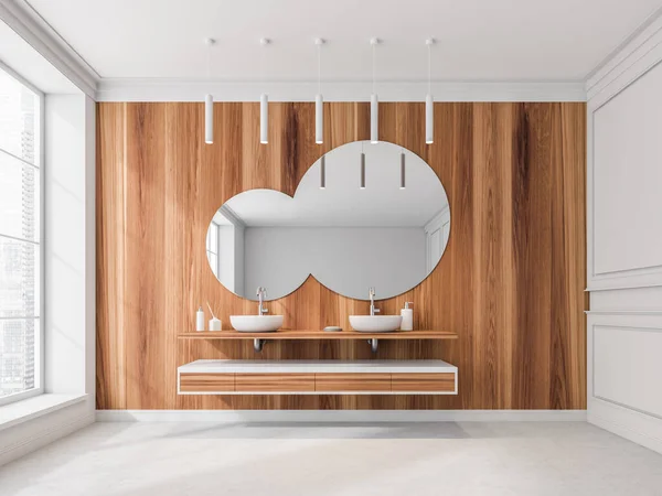 Современный Дизайн Интерьера Деревянной Белой Ванной Комнаты Креативным Зеркалом Двумя — стоковое фото