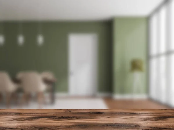 前排的木制书桌 内设桌子和椅子 模糊的绿色餐厅 最简约的餐厅在有门窗的公寓里 用于展示产品的模型 3D渲染 — 图库照片