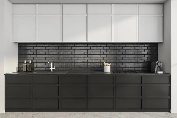 Современный Промышленный Кухонный Интерьер Черно Белым Шкафом Стильными Ящиками Металлическим — стоковое фото