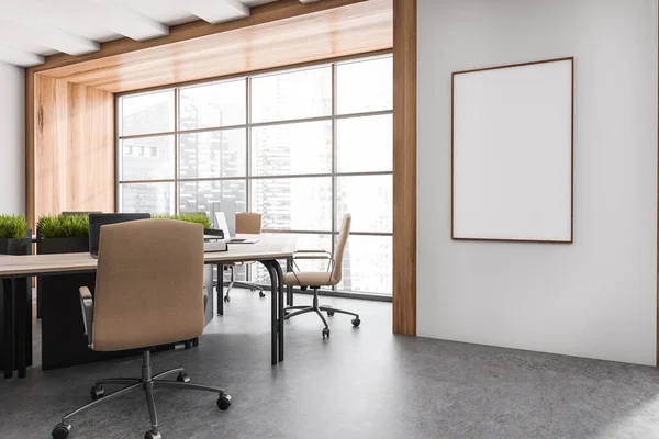 Intérieur Lumineux Bureau Avec Affiche Blanche Vide Fenêtre Panoramique Quatre — Photo