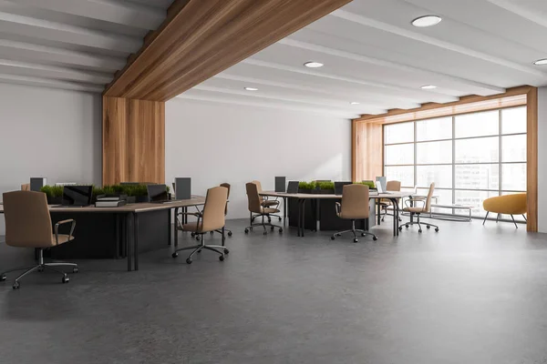 在明亮的办公室内部的角落 有全景窗 12台笔记本电脑 舒适的扶手椅 书桌和水泥地板 见面和工作的理想场所 最低限度的设计 3D渲染 — 图库照片