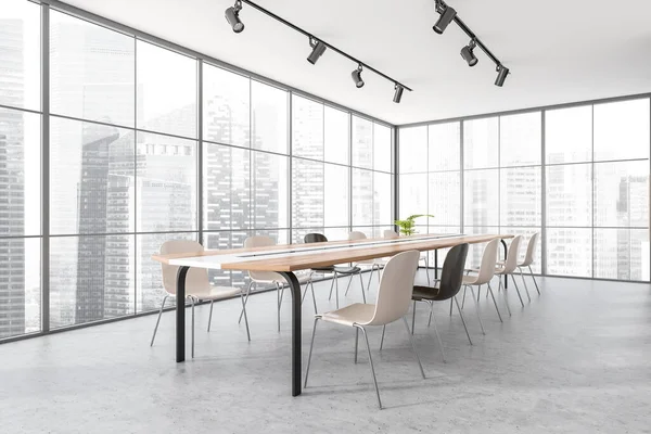 Minimalist Meeting Room Interior Chairs Long Table Side View Grey — Stock Photo, Image