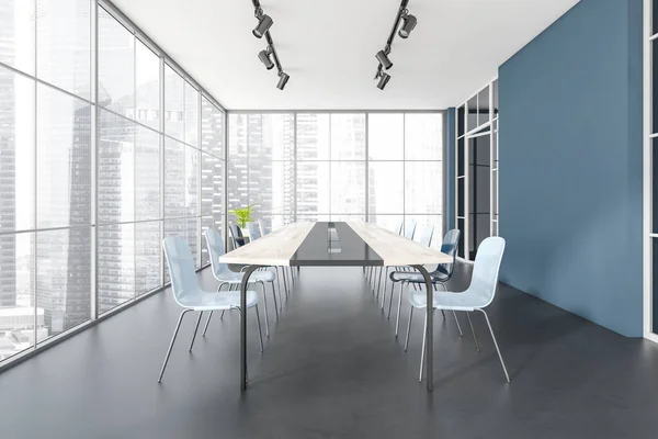 Minimalistischer Konferenzraum Mit Stühlen Und Langem Tisch Seitenblick Auf Dunklem — Stockfoto