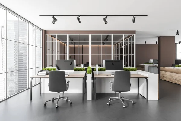 Brown Office Room Interior Armchairs Table Panoramic Windows Skyscrapers Coworking — Stock Photo, Image