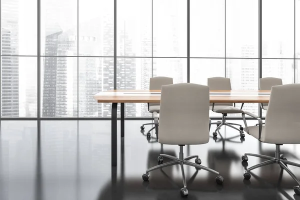 Salle Réunion Minimaliste Intérieur Avec Fauteuils Table Bois Sol Béton — Photo