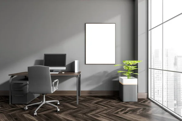 Mock Canvas Grey Office Interior Desk Rolling Chair Panoramic Windows — Stock Photo, Image
