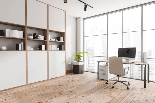 Vista Esquina Oficina Blanca Panorámica Simple Con Gabinete Escritorio Diseño — Foto de Stock
