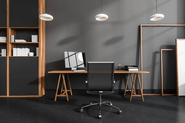 Dunkelgraues Und Helles Holz Home Office Interior Design Mit Lampen — Stockfoto