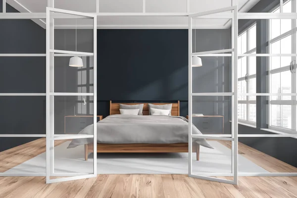 卧室走廊 有框架玻璃墙 花篮地板 深蓝色 白色和灰色 现代公寓室内设计理念 3D渲染 — 图库照片