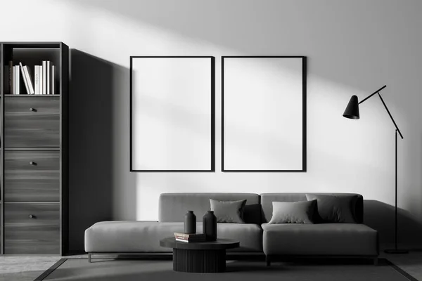 Zimmer Interieur Mit Sofa Und Holzgestell Mit Büchern Couchtisch Mit — Stockfoto