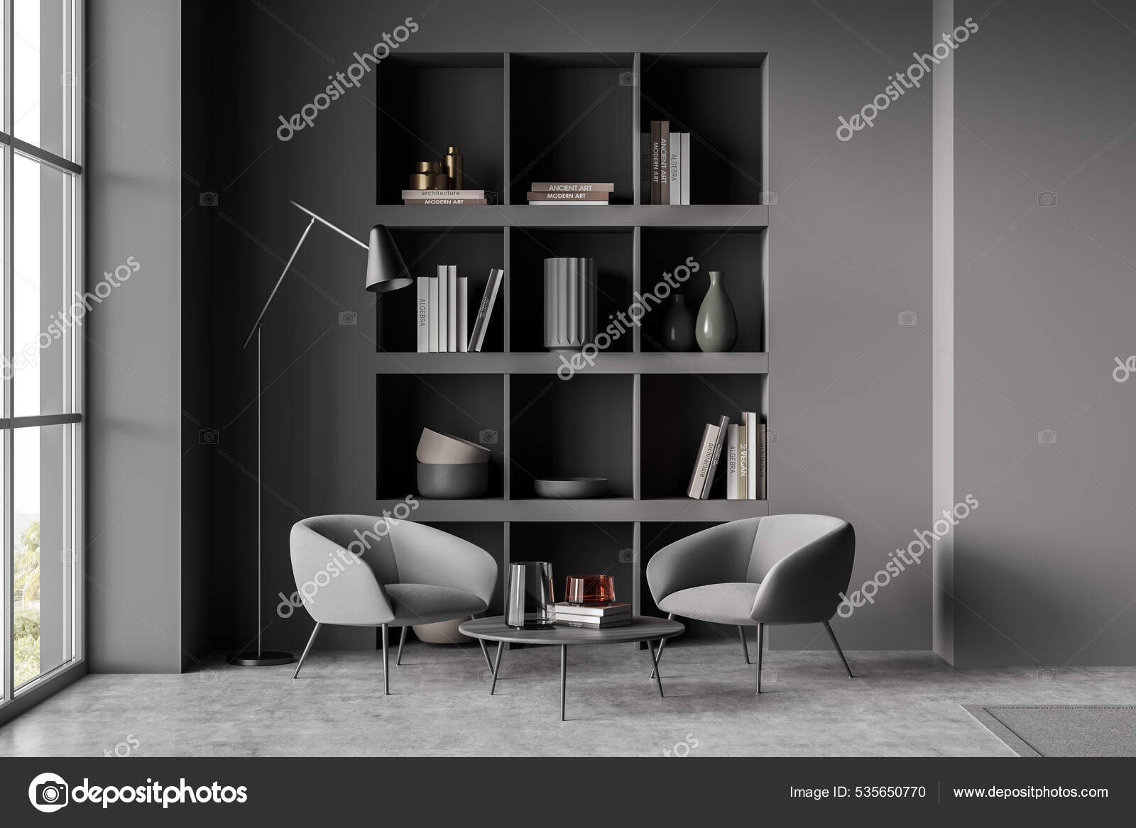 un moderno, cómodo vivo habitación con un estante para libros