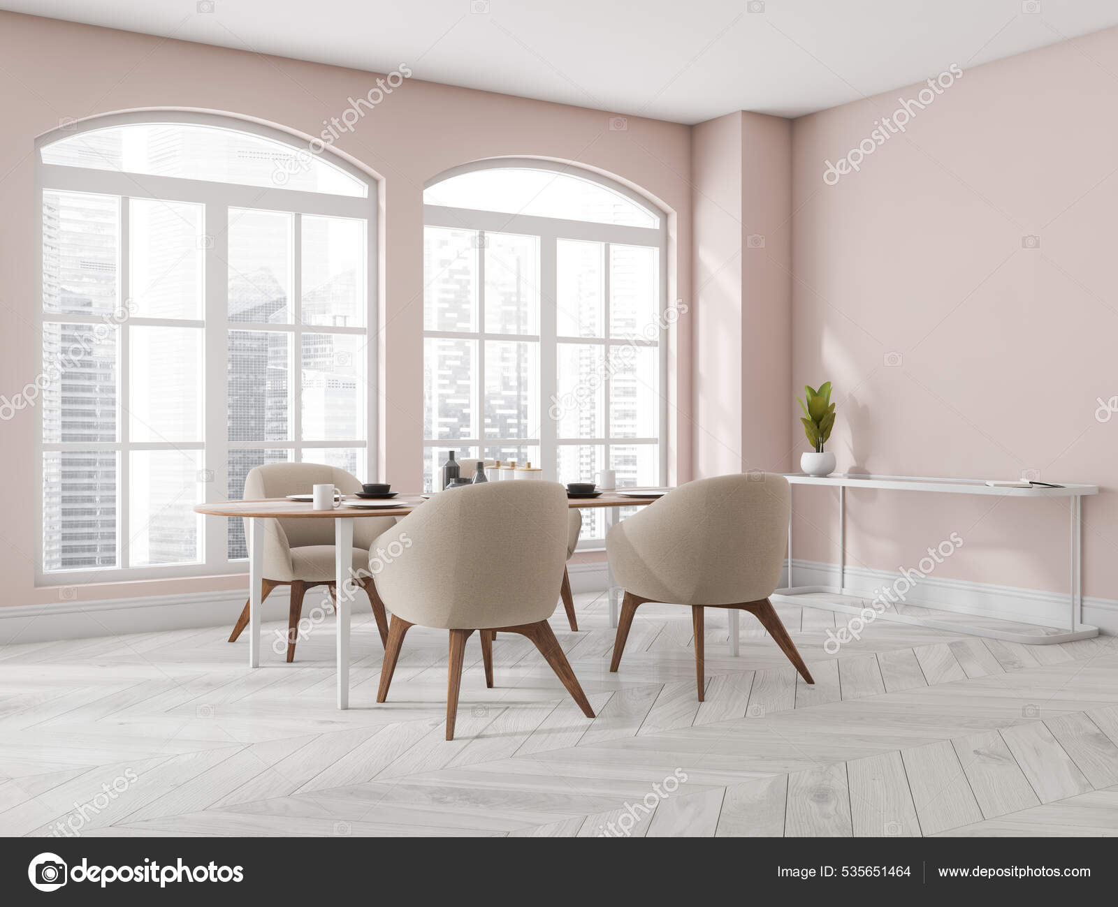 Corner View Light Pink Dining Room Interior Arch Windows Table