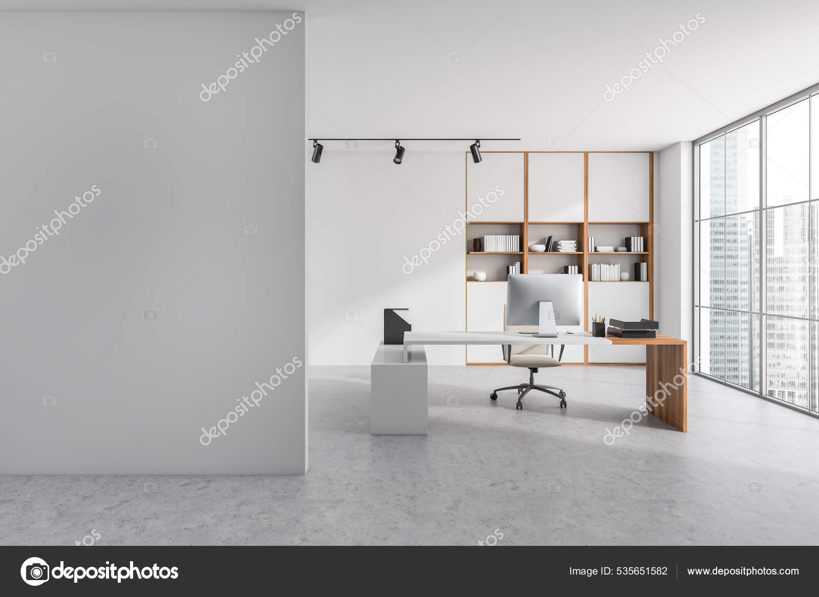 Interior Brilhante Sala Escritório Com Parede Branca Vazia Mesa Poltrona —  Foto © denisismagilov #535651582, image size:1600x1167