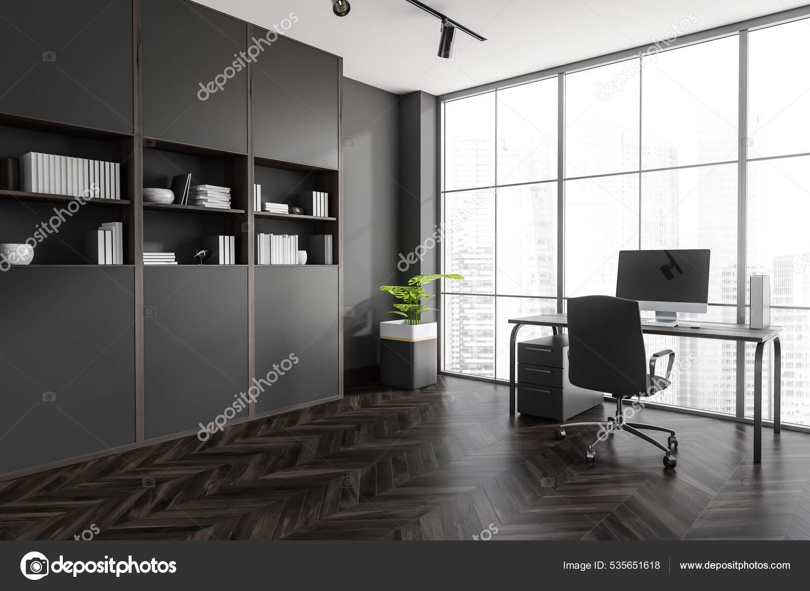 Corner View Panoramic Dark Grey Office Desk Modern Interior