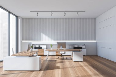 İki masalı parlak ofis odası, rahat koltuklar, masaüstü, gökdelen manzaralı panoramik pencere ve ahşap zemin. Çalışma süreci için mükemmel bir yer. Minimalist tasarım. 3d oluşturma