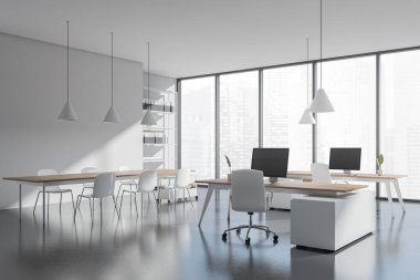 Parlak ofis odasının içi masa, masaüstü, sekiz koltuk, gökdelen manzaralı panoramik pencere ve beton zemin ile dolu. Çalışma için uygun bir yer. Minimalist tasarım. 3d oluşturma