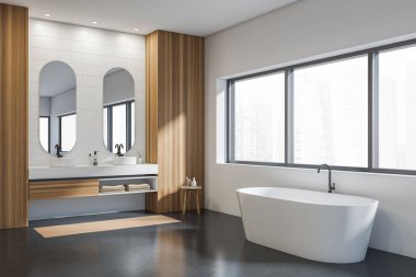 Minimalist banyo içi, aynalı iki lavabo, yan görüş, banyo aksesuarları ve havluları olan raf ve masa, beton zeminde beyaz küvet, şehir manzaralı panoramik pencere. 3B görüntüleme