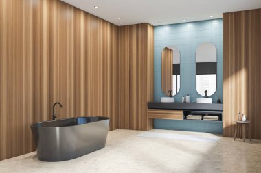 Banyo içi siyah küvetli ve iki lavabosu aynalı, yan manzaralı, masa havlularıyla dolu. Bej beton zemin ve ayak havlusu. Boşluğu kopyala boş ahşap duvar, 3B görüntüleme