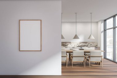 Açık mutfak seti içinde ahşap masa ve parke zeminde beyaz koltuklar kırsal pencereler. Mobilyalı yemek odası. Çerçeve menüsünü düzenle, 3B oluşturma