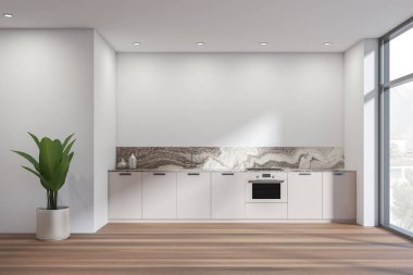Parlak mutfak odası içi boş beyaz duvar, fırın, lavabo, elektrikli fırın, ev bitkisi, panoramik pencere kasaba manzaralı ve meşe ağacından zemin. Minimalist tasarım kavramı. 3d oluşturma