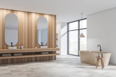 İki lavabo, ayna, panoramik pencere, beyaz duvarlar, havlular ve sıvı sabun. Hijyenik ve spa prosedürleri kavramı. 3d oluşturma
