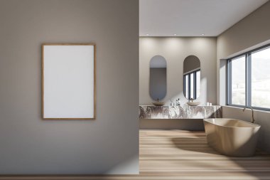 İçi boş beyaz poster, iki lavabo, oval aynalar, şehir manzaralı pencere, kahverengi duvarlar ve sıvı sabun dolu koyu bir banyo. Hijyenik ve spa prosedürleri kavramı. Model yap. 3d oluşturma