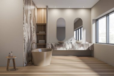 İçi iki lavabo, banyo küveti, oval aynalar, şehir manzaralı pencere, kahverengi duvarlar, havlu ve sıvı sabun dolu raflar. Hijyenik ve spa prosedürleri kavramı. 3d oluşturma