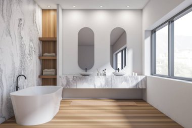 İki lavabo, banyo küveti, oval aynalar, şehir manzaralı pencere, beyaz duvarlar, havlulu raflar ve sıvı sabun. Hijyenik ve spa prosedürleri kavramı. 3d oluşturma