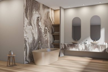İki lavabo, oval aynalar, kahverengi mermer duvarlar, havlu ve sıvı sabunla kaplı raflar. Hijyenik ve spa prosedürleri kavramı. 3d oluşturma