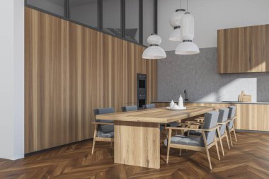 Parlak mutfak odası yemek masası, altı koltuk, panoramik pencere, yatak, meşe ağacından parke döşeme, dolap, lavabo ve çift fırın. Çağdaş minimalist tasarım. 3d oluşturma