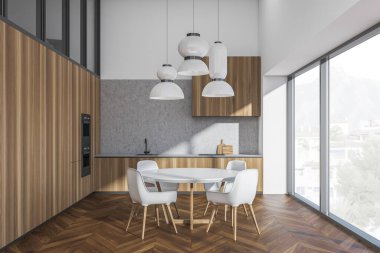 Parlak mutfak odası yemek masası, dört koltuk, panoramik pencere, meşe ağacından parke zemin, dolap, lavabo ve çift fırın. Çağdaş minimalist tasarım. 3d oluşturma