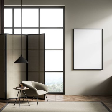 Bej dinlenme odası içi koltuk, kahve masası kitaplar, kırsal alanda panoramik pencere, parke zemin ve halı. Mahremiyet ekranı ve boş tuval modeli, 3B oluşturma