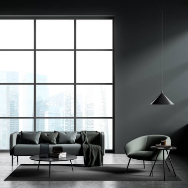 İçi karanlık okuma odası koltukları, dekorasyonu, halısı ve gri beton zemini olan kahve masası Singapur gökdelenlerinin panoramik penceresi. Minimalist misafir alanı, 3B görüntüleme