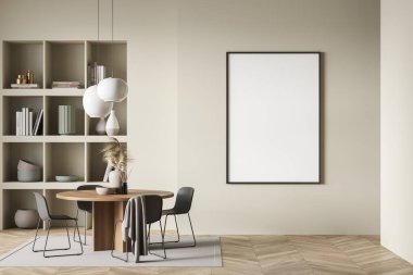 Bekleme odasının içinde dört koltuk ve ahşap masa, dekorasyon, parke döşeme ve halı ile döşenmiş raf. Boş tuval bej duvarda maket yapıyor, 3 boyutlu.