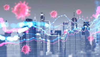New York gökdelenleri. Rakamlarla, şamdanlarla, borsada yatırım yönetimiyle yükselen eski finansal grafik ve grafikler. Coronavirus. Başarılı ticaret kavramı