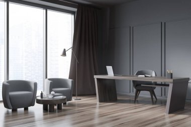 Misafir oturma alanı olan gri ofisin köşesi. Panoramik iç tasarım, modern kişisel masa, lamba, iki yaratıcı koltuk ve parke tarzı zemin. Minimalist bir kavram. 3d oluşturma