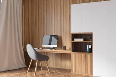 Çalışma alanı beyaz minimalist dolap, ahşap duvar panelleri, çalışma masası rahat sandalye, perde ve parke zemin. Modern ofis iç tasarımı kavramı. 3d oluşturma