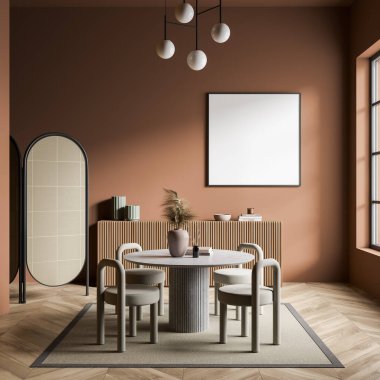 Dört koltuklu, dekoratif masalı, ahşap tuvaletli bir salon. Pencere ve panel ekran, halı ve parke zemin. Boş tuval, duvarda maket yap, 3 boyutlu görüntüleme