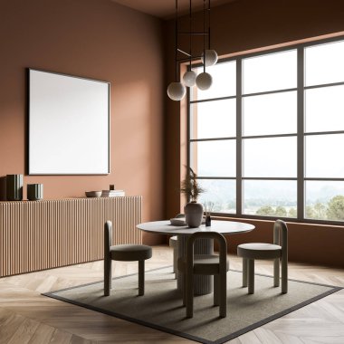 İçi dört sandalyeli turuncu salon ve dekorasyonlu masa, ahşap sanat tuvaleti, yan görüş. Kırsal, parke zemin ve halılı panoramik pencere. Çadır bezi duvarda, 3 boyutlu görüntüleme