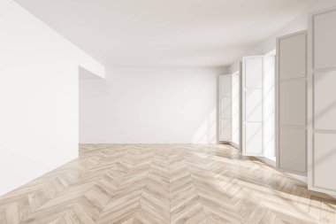 Apartman dairesi, parke zemin, ön manzara, birkaç pencereli boş uzay odası. Mobilya yok, insan yok, 3D görüntüleme