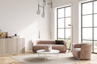 Pembe koltuklu, parke zeminli, yan manzaralı, dekorasyonu ve penceresi olan şık bir misafir odası. Halılı minimalist misafir odası. 3B görüntüleme